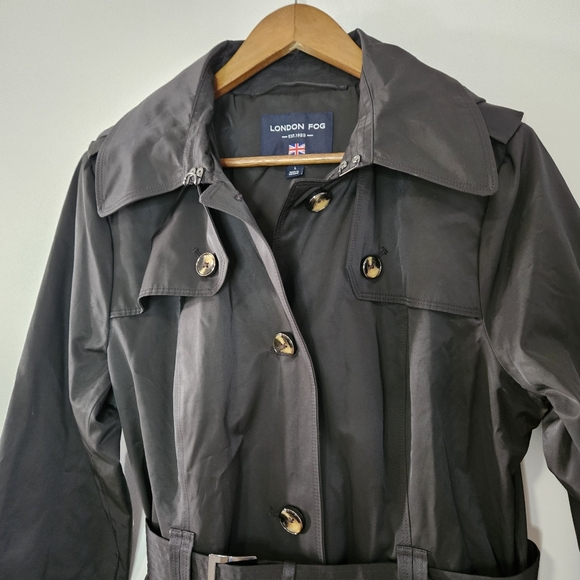 LONDON FOG SINGLE BREASTED LONG TRENCH COAT HOODED BELTED WOMEN BLACK COLOR L - Picture 5 of 11